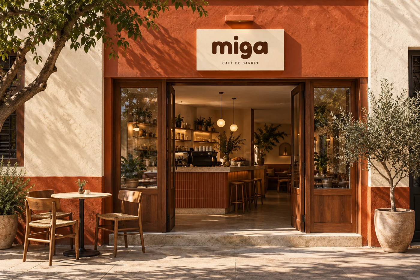 Miga, una cafetería de fachada terracota y mesas al aire libre